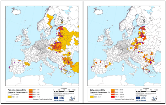 Avrupa Birliği (AB) fonları yardımı ile Güneydoğu Avrupa’da 2010 sonrası inşaa edilen karayollarının bölgesel kalkınmaya etkisini araştıran projenin sonuçları haritada gösterilmektedir.(Kompil, M., Demirel, H., Christidis, P. -2013)